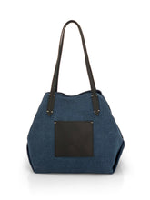 Load image into Gallery viewer, Leather- trimmed Natural Tote Bag - Navy