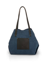 Load image into Gallery viewer, Leather- trimmed Natural Tote Bag - Navy
