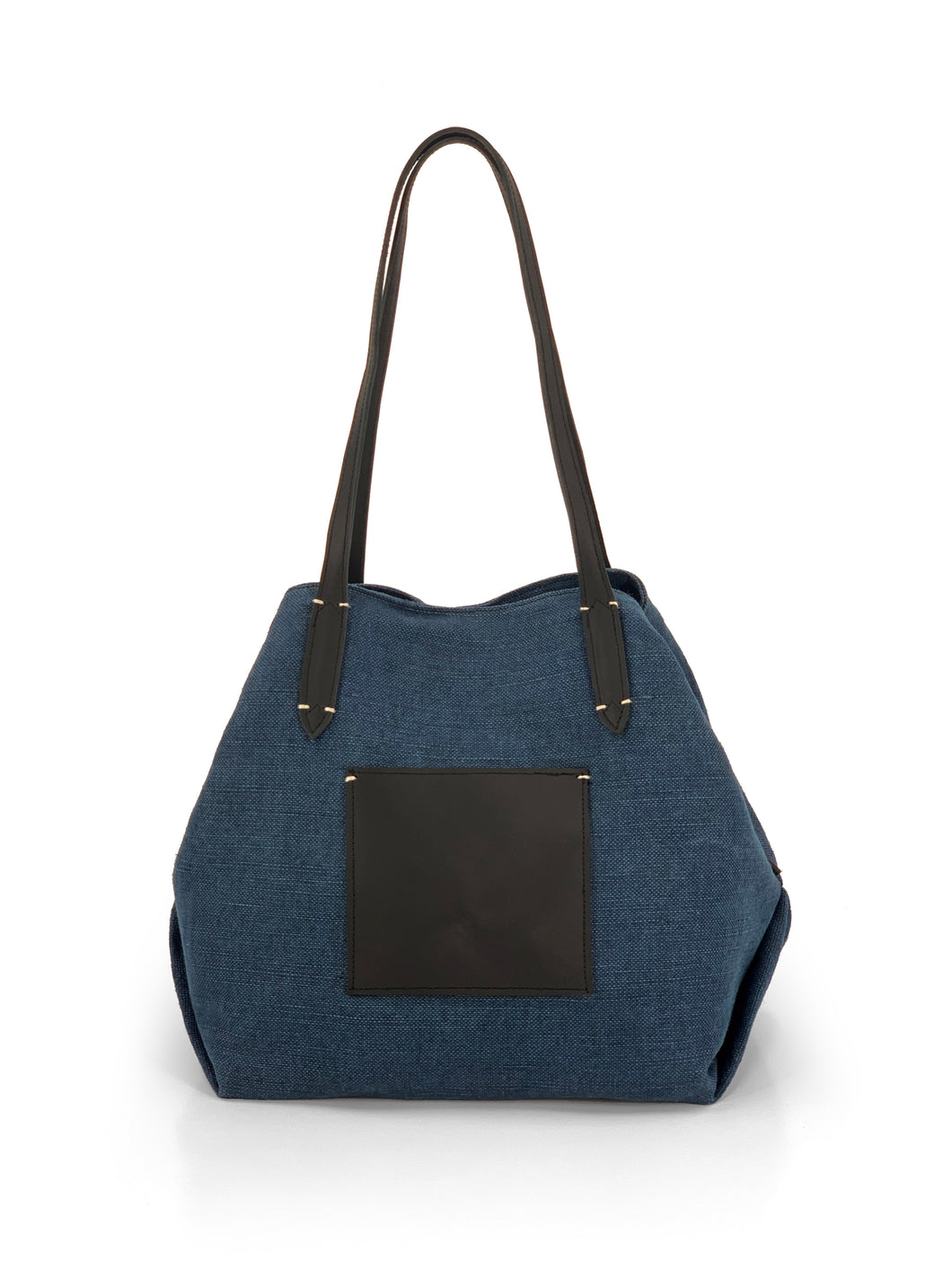 Leather- trimmed Natural Tote Bag - Navy